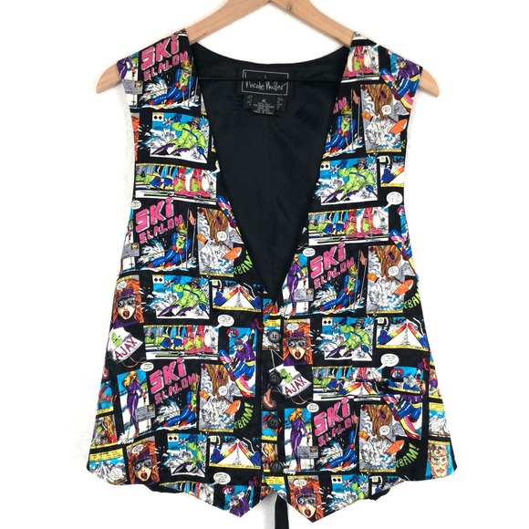 Nicole Miller Other - VTG NICOLE MILLER 100% Silk Comic Book Novelty Ski Vest Sz XL 44" Black Multi